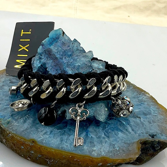 MIXIT 7” Black Leather Weaved Through Silver Charm Bracelet - Picture 7 of 7